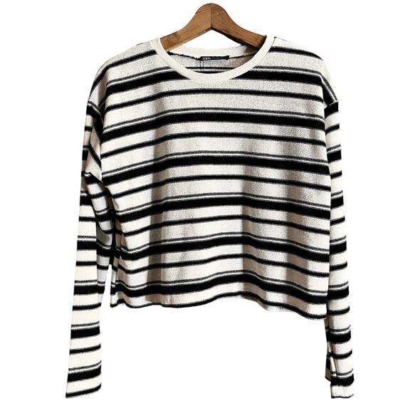 ZARA Crop Rustic Sweater Striped Long Sleeve Cotton White Black Crew Neck Medium - Picture 8 of 11